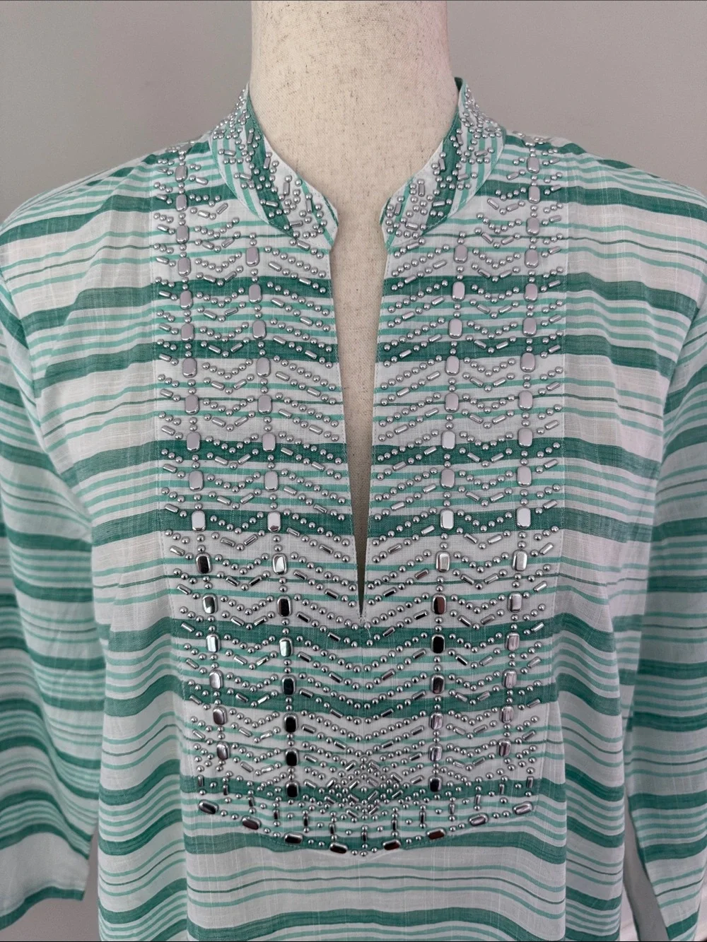 Michael Kors Mint and White Striped Embroidered Tunic
